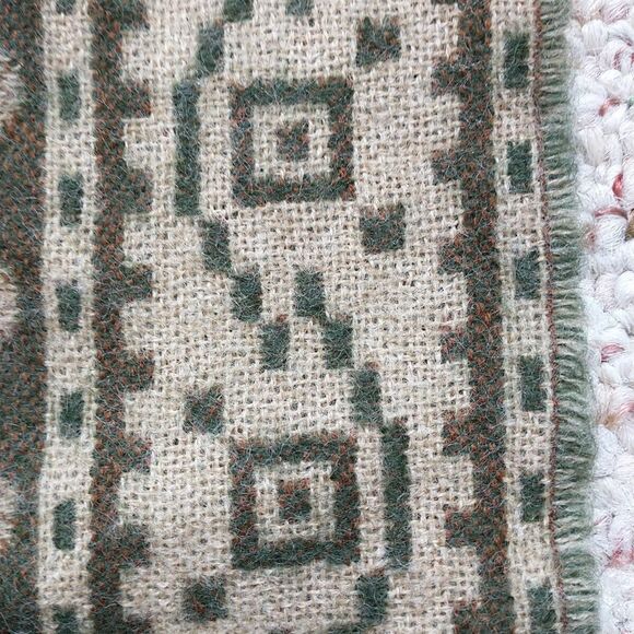Amicale Scarf Beige Brown 100% Mercerized Wool Ethnic Geometric Fringes Unisex - Picture 4 of 6